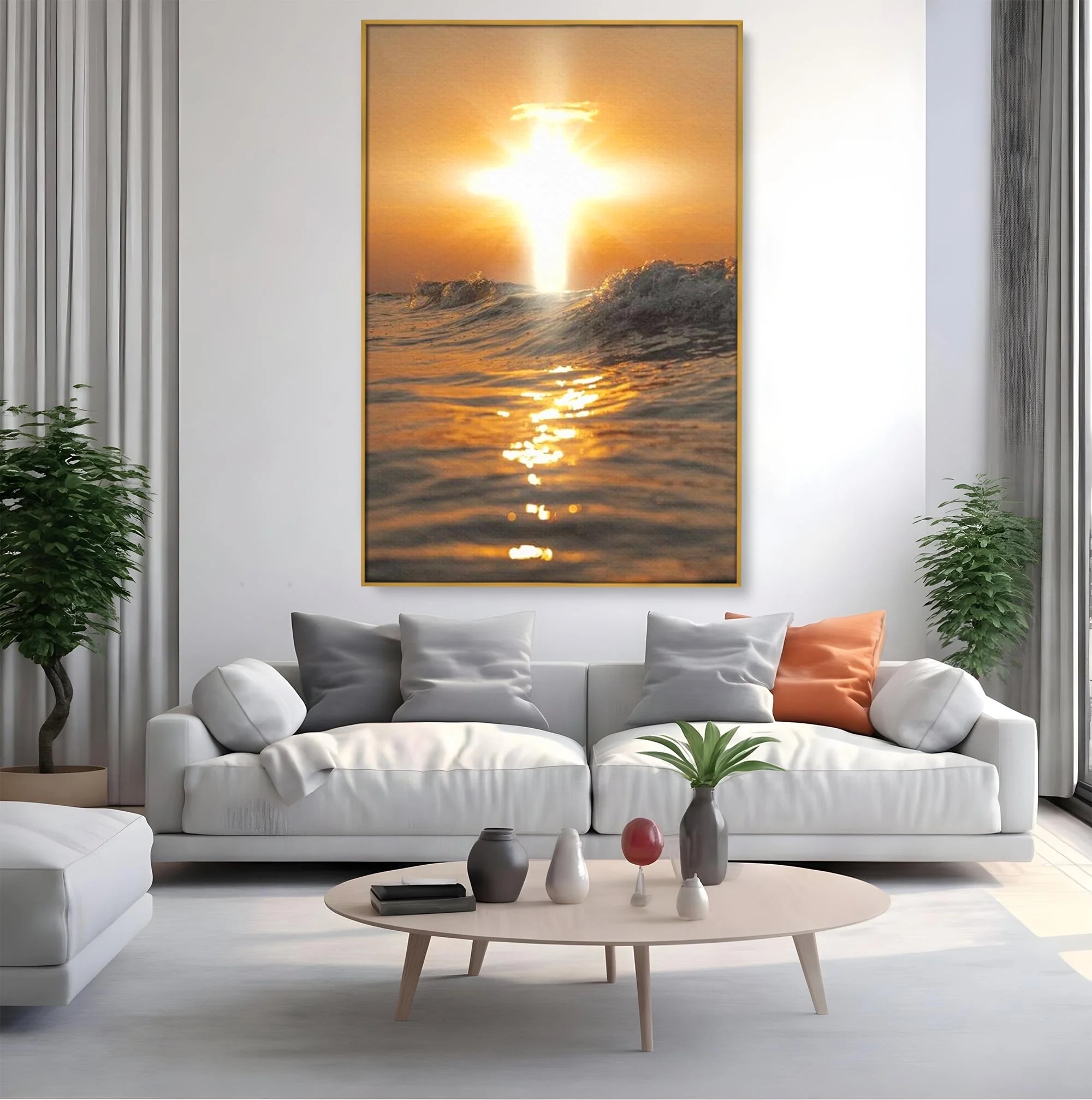Tablou canvas cu tablou canvas cu apus si cruce pe apa, in rama de aluminiu auriu, pe perete intr-un living
